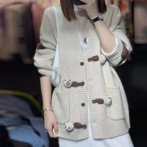 100% Wool Cardigan Women's Sweater Loose and Comfortable Long Sleeve