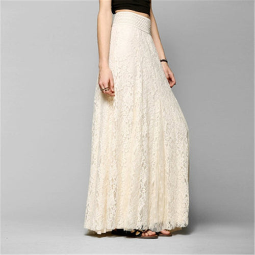 Double Lace Layer Chiffon Pleated Long Maxi Skirt Elastic