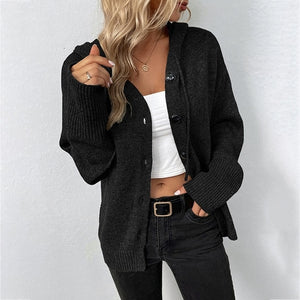 Cardigan Hooded Sweaters V-neck Solid