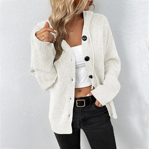 Cardigan Hooded Sweaters V-neck Solid