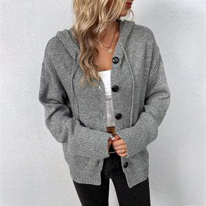 Cardigan Hooded Sweaters V-neck Solid