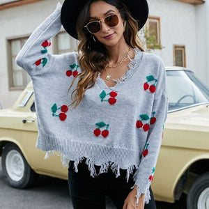 Autumn Sexy Tassel Sweater Casual V neck Knitted Pullover