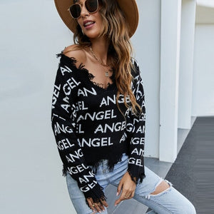 Autumn Sexy Tassel Sweater Casual V neck Knitted Pullover