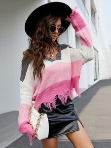 Autumn Sexy Tassel Sweater Casual V neck Knitted Pullover