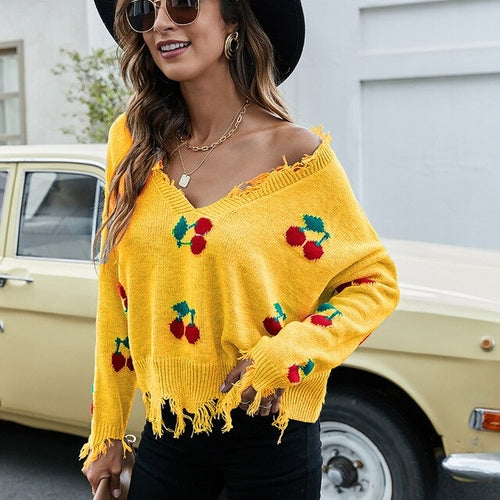 Autumn Sexy Tassel Sweater Casual V neck Knitted Pullover