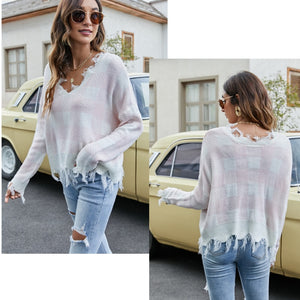 Autumn Sexy Tassel Sweater Casual V neck Knitted Pullover