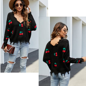 Autumn Sexy Tassel Sweater Casual V neck Knitted Pullover