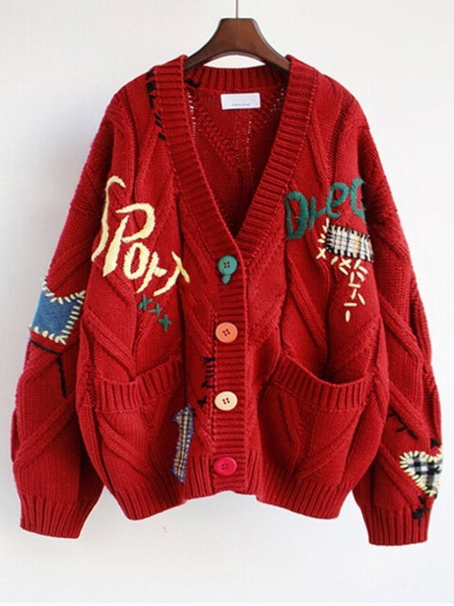 Autumn Winter Cardigan Women Fashion Embroidery Letter Print Knitted