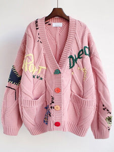 Autumn Winter Cardigan Women Fashion Embroidery Letter Print Knitted