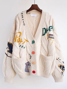 Autumn Winter Cardigan Women Fashion Embroidery Letter Print Knitted