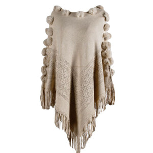 Autumn Winter Tassel Hairball Cape Poncho Oversized Sweater