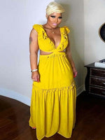 Sexy Backless Yellow Maxi Dress V Neck