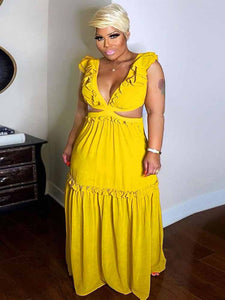 Sexy Backless Yellow Maxi Dress V Neck