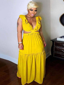 Sexy Backless Yellow Maxi Dress V Neck