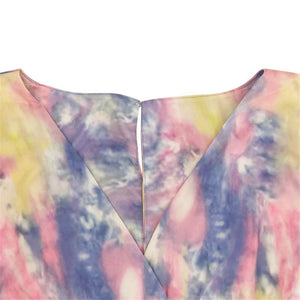 Fashion Mini Dress Print V Neck Sexy Long Sleeve Woven Tie Dye Belt