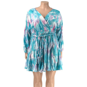 Fashion Mini Dress Print V Neck Sexy Long Sleeve Woven Tie Dye Belt