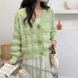 Flower Button Sweater Coat Cardigan