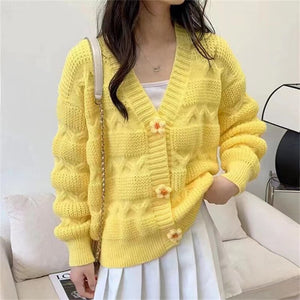 Flower Button Sweater Coat Cardigan