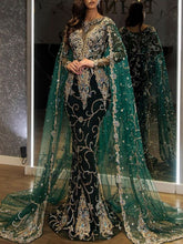 Load image into Gallery viewer, Green Gauze Maxi Dress Gold Stamping Long Sleeve