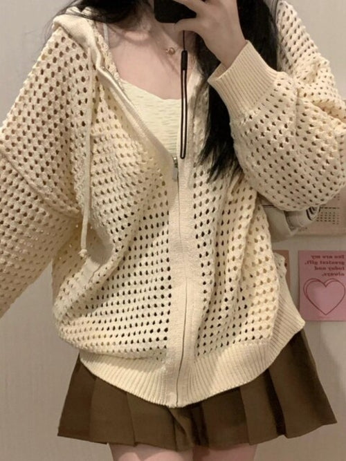 Hollow Out Hooded Cardigan Casual Loose Long Sleeve Knitted