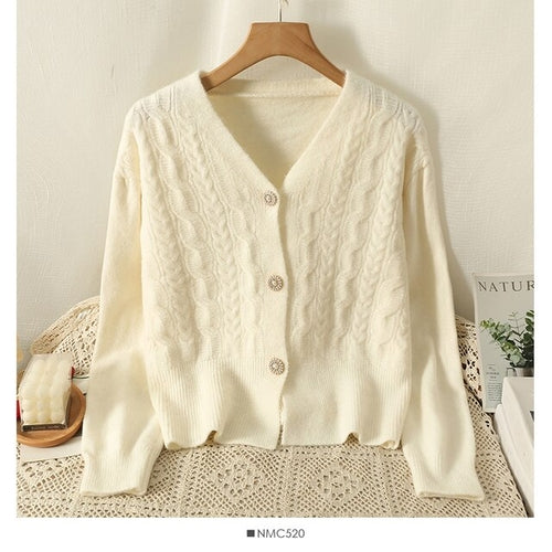 Elegant Pink Cardigan V Neck Knitted Shirt