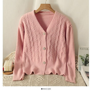 Elegant Pink Cardigan V Neck Knitted Shirt