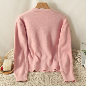 Elegant Pink Cardigan V Neck Knitted Shirt