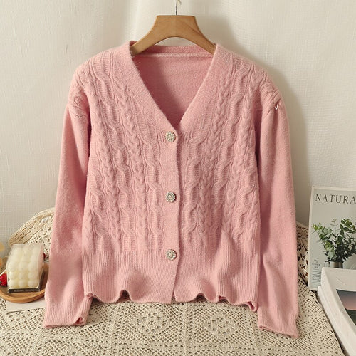 Elegant Pink Cardigan V Neck Knitted Shirt