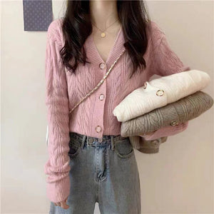 Elegant Pink Cardigan V Neck Knitted Shirt