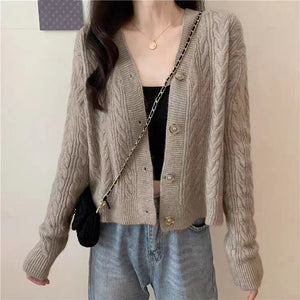 Elegant Pink Cardigan V Neck Knitted Shirt