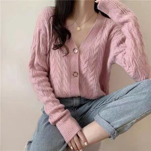 Elegant Pink Cardigan V Neck Knitted Shirt