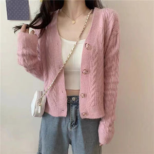 Elegant Pink Cardigan V Neck Knitted Shirt