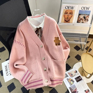 Fashion Cute Bear Embroidery Oversize Knitted Sweater