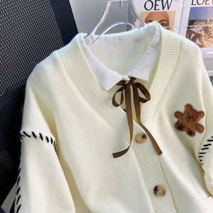 Fashion Cute Bear Embroidery Oversize Knitted Sweater