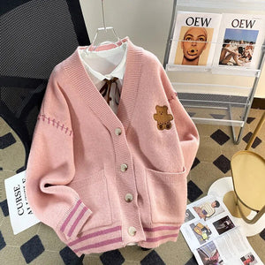 Fashion Cute Bear Embroidery Oversize Knitted Sweater