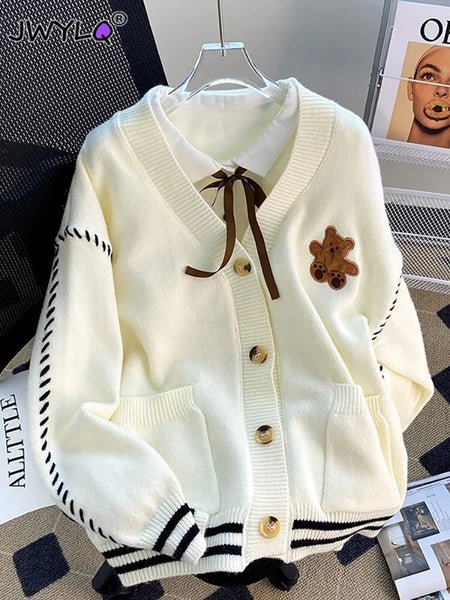 Fashion Cute Bear Embroidery Oversize Knitted Sweater