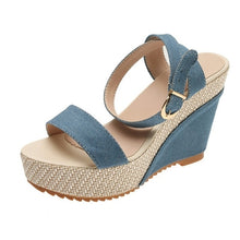 Load image into Gallery viewer, New Buckle Denim Ankle Strap Wedge