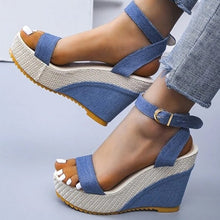 Load image into Gallery viewer, New Buckle Denim Ankle Strap Wedge