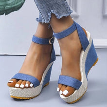Load image into Gallery viewer, New Buckle Denim Ankle Strap Wedge