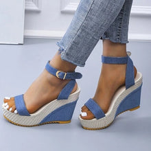 Load image into Gallery viewer, New Buckle Denim Ankle Strap Wedge