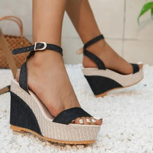 Load image into Gallery viewer, New Buckle Denim Ankle Strap Wedge