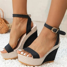 Load image into Gallery viewer, New Buckle Denim Ankle Strap Wedge