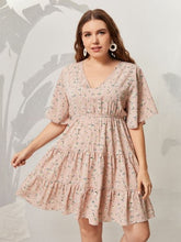 Load image into Gallery viewer, Plus Size Pink Midi Dress Floral Print Ruffles Sleeve