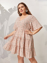 Load image into Gallery viewer, Plus Size Pink Midi Dress Floral Print Ruffles Sleeve