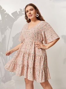 Plus Size Pink Midi Dress Floral Print Ruffles Sleeve