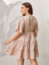 Load image into Gallery viewer, Plus Size Pink Midi Dress Floral Print Ruffles Sleeve