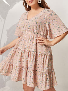 Plus Size Pink Midi Dress Floral Print Ruffles Sleeve