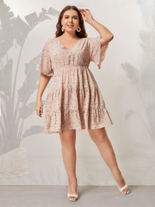 Plus Size Pink Midi Dress Floral Print Ruffles Sleeve