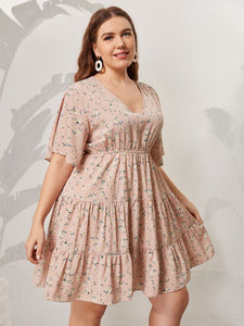 Plus Size Pink Midi Dress Floral Print Ruffles Sleeve