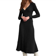 Load image into Gallery viewer, Knitted Pleated Dress Long Sleeves V-Neck Solid